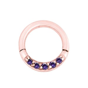 Magnifique Piercing Clicker Daith en Or Rose, Anneau Septum Serti de Cz Violet Swarovski..PVD Or sur Acier Chirurgical 316L 16g - 8mm ou 10mm