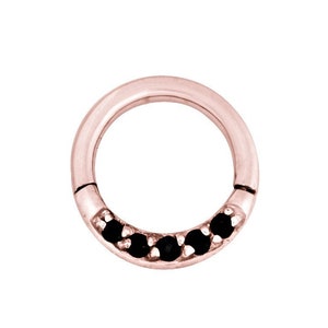 Magnifique Piercing Clicker Daith en Or Rose, Anneau Septum Serti de Cz Swarovski Noir..PVD Or sur Acier Chirurgical 316L 16g - 6,7,8 ou 10mm