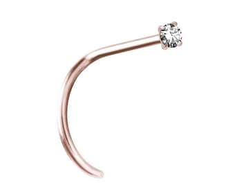 Genuine Diamond 18K Solid Rose Gold Nose Stud, Prong Setting with 2mm VVS D-F Diamond..20G - 6.5mm