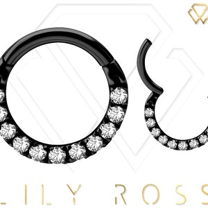 Superbe bijoux piercing Daith, anneau septum serti de Swarovski blanc Cz..PVD noir sur acier chirurgical 316L 16g - 6,7 ou 8mm
