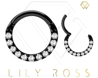 Gorgeous Daith Piercing Jewelry, Septum Ring Set with White Swarovski Cz..Black PVD Over 316L Surgical Steel  16g - 6,7 or 8mm