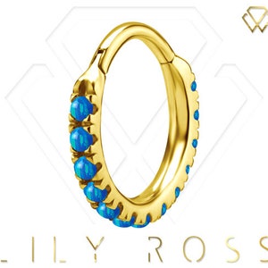 16g Gold Helix/Cartilage Eternity Clicker Ring with Blue Opals..Gold PVD Over 316L Surgical Steel - Comes in 6, 8 or 10mm (Nickel Free)