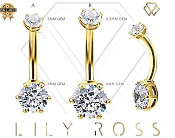 Beautiful 18k Solid Gold Double Gems Internally Threaded Belly Button Ring-5A Grade Swarovski Cz..Comes in 14g - 6mm to 12mm ( Nickel Free )