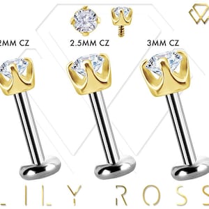 18k Solid Gold Tiny Cartilage/Tragus Earring - Round Cz Prong Setting with 16G Internally Threaded Titanium Labret...From 4mm to 12mm