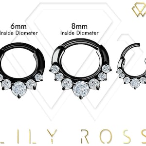 Belle Daith, Helix, Septum Piercing Clicker Set avec Swarovski blanc Cz..PVD noir sur acier chirurgical 16g - 6mm ou 8mm