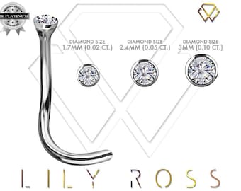 Genuine Diamond Platinum Nose Stud, Bezel Setting with 1.7mm, 2.4mm 0r 3mm Diamond..20G - 6.5mm Extremely hypoallergenic (nickel free)