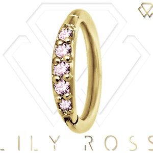 Gold Helix/Cartilage/Tragus Clicker Hoop Ring Set with Pink Swarovski Cz..Gold PVD Over Surgical Steel 16g - 6,7,8,9 or 10mm