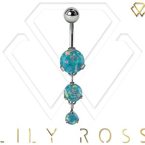 May include: A silver belly button ring with three dangling, faceted, blue opal-like spheres. The top sphere is connected to a curved barbell with a silver ball at the top. The brand name "LILY ROSS" is at the bottom.