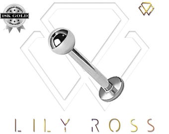 18k Solid White Gold 16g Internally Threaded Helix Cartilage Tragus Piercing Labret with 2mm, 2.5mm or 3mm Ball..16g - 4mm to 12mm