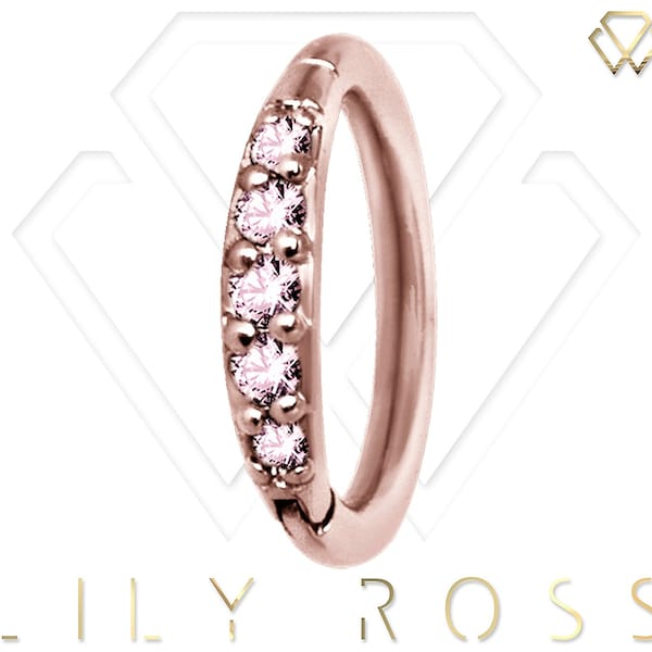 Rose Gold Helix/Cartilage/Tragus Clicker Hoop Ring Set with Pink Swarovski Cz..Rose Gold PVD Over Surgical Steel 16g - 6,7,8,9 or 10mm