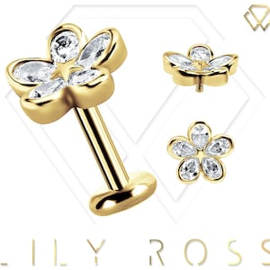 Nuovo orecchino con cartilagine a fiore delicato in oro massiccio 18k - Labret con filettatura interna 16G - Orecchino Tragus.. Dimensioni da 4 mm a 12 mm