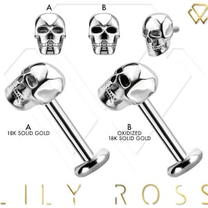 18k Solid White Gold Skull Cartilage Earring - 16G Internally Titanium Threaded Post - Tragus Earring.. Sizes From 4mm to 12mm (Nickel Free)