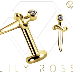 18K Solid Gold Dagger Cartilage Earring Set with Premium Swarovski Zirconia - 16G Internally Threaded Labret - Sizes From 4 to 12mm.