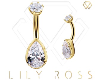 Beautiful 18k Solid Gold Internally Threaded Belly Button Ring-Pear Shape 5A Grade Swarovski Cz..Comes in 14g - 6mm to 12mm ( Nickel Free )
