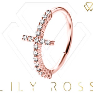 Beautiful Rose Gold Conch Piercing Cross Clicker Set with White Swarovski Cz..Rose Gold PVD Over 316L Surgical Steel 16g - 11mm or 12mm