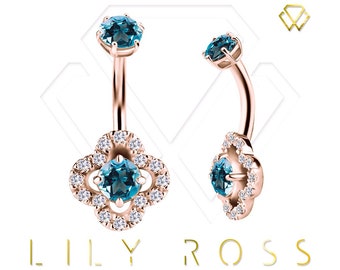 Genuine Diamonds Solid 18k Rose Gold Internally Threaded Belly Ring - Premium Genuine Diamonds and Blue Topaz..Comes in 14g - 6mm to 12mm