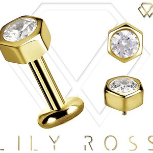 New 18k Solid Gold Tiny Cartilage Earring - 16G Internally Threaded Labret Set with 5A Grade White Swarovski Cz.. Sizes From 4mm to 12mm