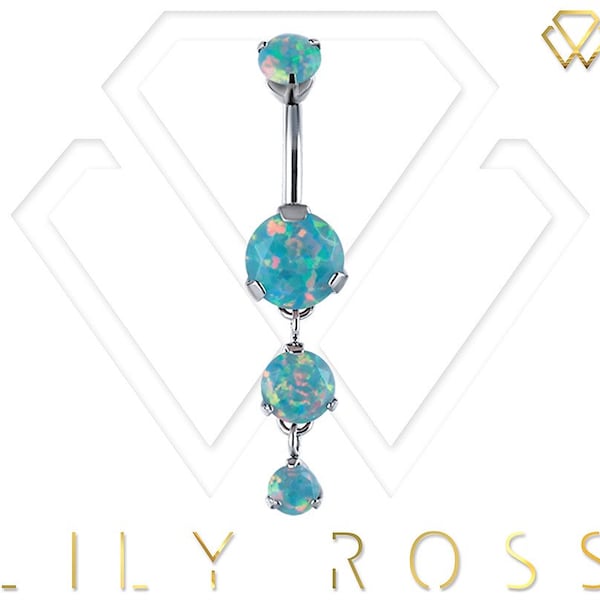 Magnifique anneau de nombril pendant serti d'opales Swarovski taillées en diamant turquoise.Acier chirurgical 316L 14g - 8 ou 10mm