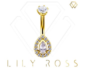 Beautiful 18k Solid Gold Internally Threaded Belly Button Ring-Pear Shape 5A Grade Swarovski Cz..Comes in 14g - 6mm, 8mm, 10mm or 12mm