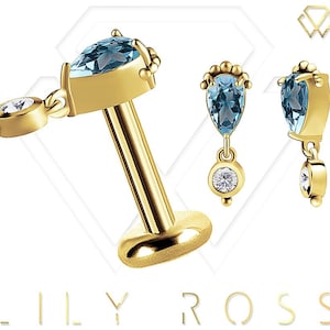 18k Solid Gold Genuine Blue and White Topaz Cartilage Pendent Earring-16G Internally Threaded Labret-Tragus Earring..Sizes From 4 to 12mm