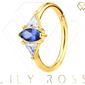 Beautiful 18k Solid Gold Conch Piercing Clicker Set with 5A Grade Triangle Cz and Genuine Royal Blue Oval..16g - 11mm ( nickel free )