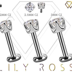 18k Solid White Gold Tiny Cartilage Earring - Round Cz Prong Set 16G Internally Threaded Labret - Tragus Stud.. Sizes From 4mm to 12mm