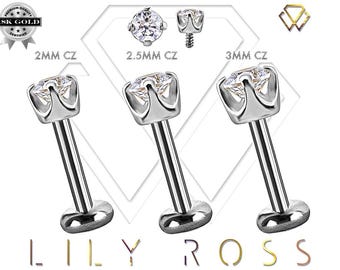 18k Solid White Gold Tiny Cartilage Earring - Round Cz Prong Set 16G Internally Threaded Labret - Tragus Stud.. Sizes From 4mm to 12mm
