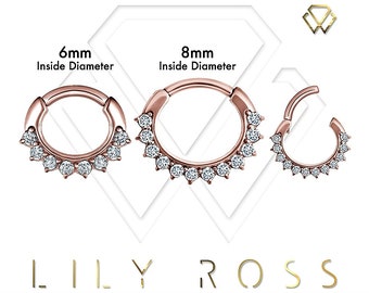 Beautiful Rose Gold Septum Clicker, Daith Cartilage Ring Set with White Swarovski Cz Rose Gold PVD Over Surgical Steel 16G - 6mm or 8mm