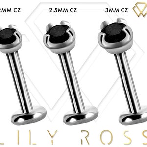 Beautiful Internally Threaded Tragus Earring, Helix Stud, Snug Piercing Labret Jewelry Set with Black Swarovski Cz..16g - 6,7,8,9 or 10mm