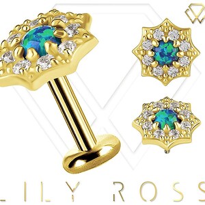 New 18k Solid Gold Black Opal Cartilage Earring - 16G Internally Threaded Labret - Tragus Earring.. Sizes From 4mm to 12mm (nickel free)