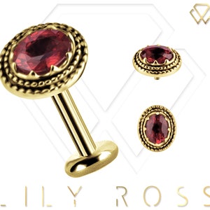 Petite boucle d'oreille cartilage en or massif 18 carats - Ensemble labret 16G avec filetage interne et saphir Songea véritable. Tailles de 4 mm à 12 mm