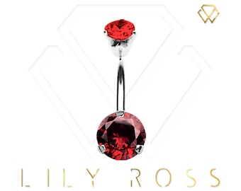 Double Gem Belly Button Ring with 5A Grade Red Swarovski Cz..316L Surgical Steel 14G - 8mm or 10mm