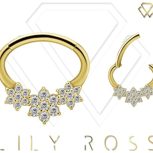 Beautiful 18k Solid Gold Triple Flower Daith Piercing Clicker Set with Swarovski Cz..16g - 7mm Inside Diameter