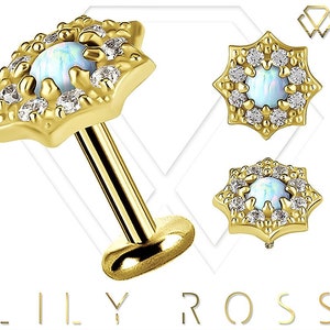 New 18k Solid Gold White Opal Cartilage Earring - 16G Internally Threaded Labret - Tragus Earring.. Sizes From 4mm to 12mm (nickel free)