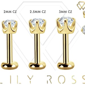New 18k Solid Gold Tiny Cartilage Earring - Round Cz Prong Setting 16G Internally Threaded Labret - Tragus Earring.. Sizes From 4mm to 12mm
