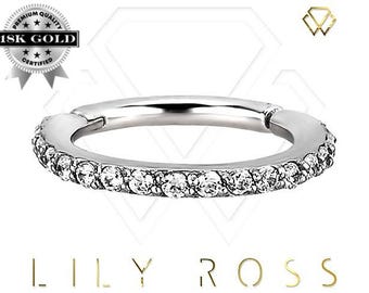 Genuine Diamonds 18k Solid White Gold Helix/Cartilage, Swarovski Created Diamonds Hinged Ring Eternity Clicker..16g - From 5mm to 12mm