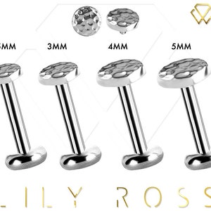 18k Solid White Gold Hammered Disc 16g Internally Threaded Helix Cartilage Piercing Labret with 2.5mm,3mm,4mm or 5mm..16g - From 4mm to 12mm