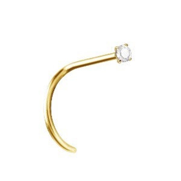 14K Solid Gold Nose Ring/Stud Nostril Prong Set with 2mm White Swarovski Cz..20G - 6.5mm