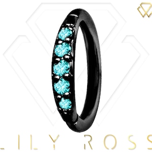 Helix/Cartilage/Tragus Clicker Hoop Ring Set avec Belle Turquoise Swarovski Cz..PVD Noir sur Acier Chirurgical 316L 16g - 6,7,8,9 ou 10mm