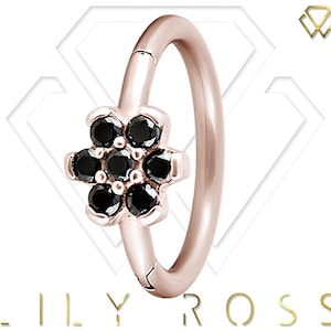 Rose Gold Helix/Cartilage/Tragus Clicker Hoop Ring Set with Black Swarovski Cz..Rose Gold PVD Over Surgical Steel 16g - 8mm