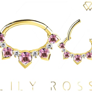 Genuine Diamonds and Genuine Pink Sapphire 18k Solid Gold Daith Hinged Ring Clicker. Swarovski Created Diamonds..16g - 7mm (Nickel Free)