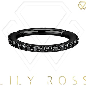 16g Helix/Cartilage/Tragus Clicker Hoop Ring Set with Black Swarovski Cz..Black PVD Over Surgical Steel 16g - 5,6,7 or 8mm