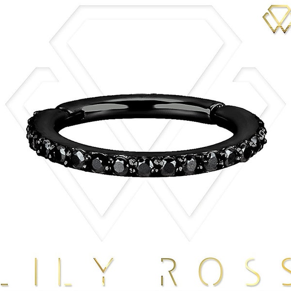16g Helix/Cartilage/Tragus Clicker Hoop Ring Set with Black Swarovski Cz..Black PVD Over Surgical Steel 16g - 5,6,78,9 or 10mm