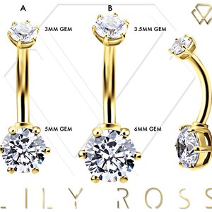Beautiful 18k Solid Gold Double Gems Internally Threaded Belly Button Ring-5A Grade Swarovski Cz..Comes in 14g - 6mm to 12mm ( Nickel Free )