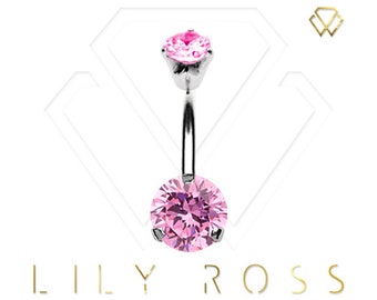 Double Gem Belly Button Ring with 5A Grade Pink Swarovski Cz..316L Surgical Steel 14G - 8mm or 10mm