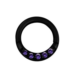 Beau bijoux piercing Daith, anneau de septum serti de violet Swarovski Cz..PVD noir sur acier chirurgical 316L 16g - 6mm ou 7mm