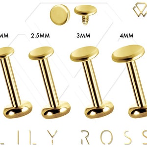 Labret de piercing tragus pour cartilage hélicoïdal avec filetage interne en or massif 18 carats, disque plat de 2 mm, 2,5 mm, 3 mm ou 4 mm. 16 g - De 4 mm à 12 mm