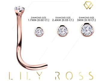 Genuine Diamond 18K Solid Rose Gold Nose Stud, Bezel Setting with 1.7mm, 2.4mm or 3mm Diamond..20G - 6.5mm