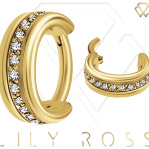 Gold Helix/Cartilage/Tragus Clicker Hoop Ring, Hand Setting with White Swarovski Cz..14k Gold PVD Over Surgical Steel 16g - 7mm