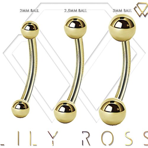 14K Solid Yellow Gold Eyebrow Barbell – 16G Internally Threaded With 3mm CZ Gem